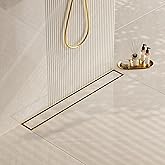 Neodrain 28-Inch Gold Linear Shower Drain, 2-in-1 Flat & Tile Insert Cover, Stainless Steel Linear Drain, Brushed Brass Rectangle Shower Floor Drain with Hair Strainer, Watermark&CUPC Certified