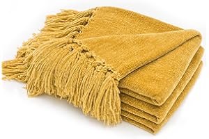 RECYCO Throw Blanket Soft Cozy Chenille Throw Blanket with Fringe Tassel for Couch Sofa Chair Bed Living Room Gift (Mustard Yellow, 50'' x 60'')