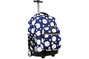 J World New York Sunrise Kids Rolling Backpack for Girls Boys Teen. Roller Bookbag with Wheels, Base Ball, 18"