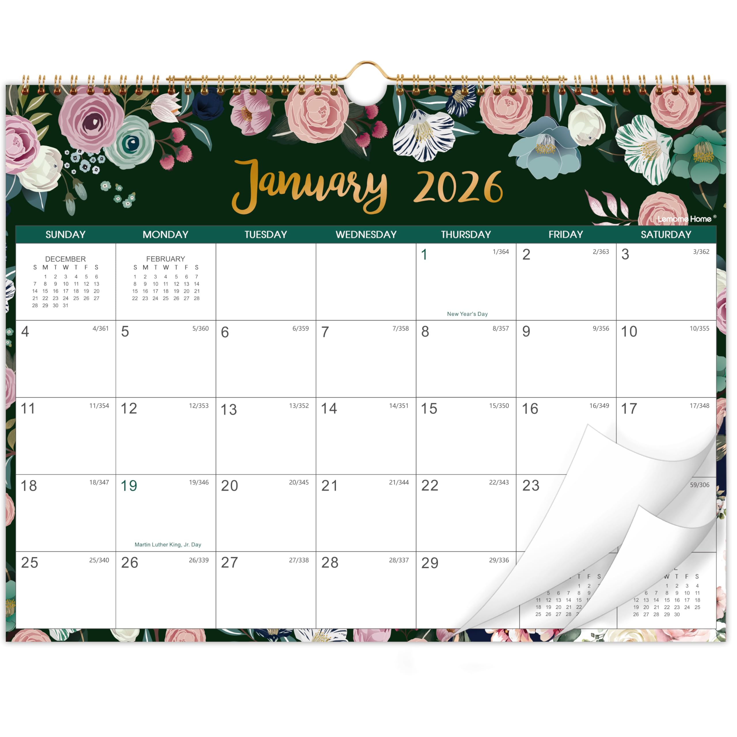 View 1 of 2026 Calendar - Jan. 2026 - Dec. 2026, 2026 Wall Calendar, 12-Month Calendar, 15" x 11.5", Twin-Wire Binding + Hanging Hook + Thick Paper + Unruled Blocks with Julian Dates - Floral