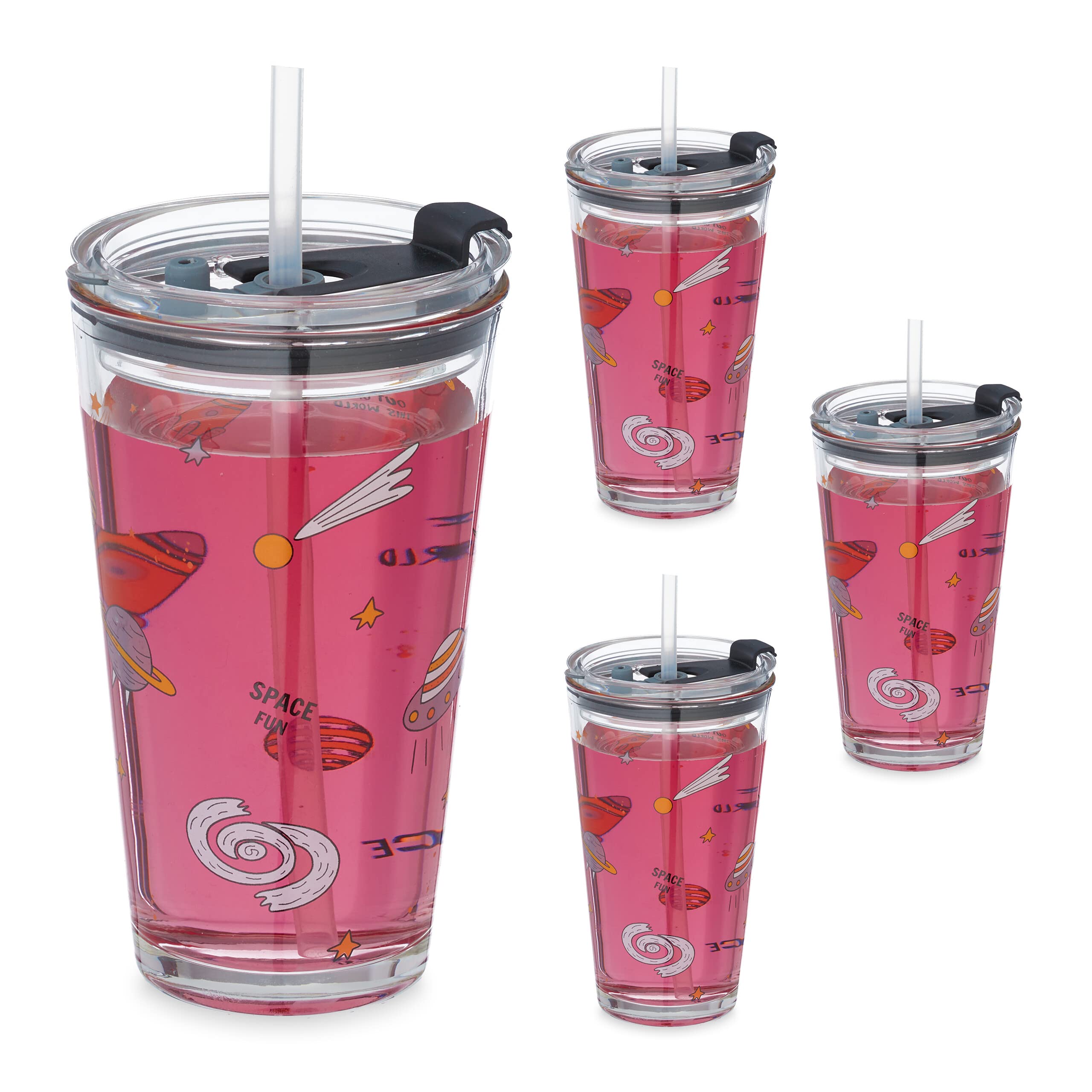 Relaxdays Set of 4 Children's Cups, Fun Space Motif, Drinking Glasses for Kids, Lid & Straw, Volume 450 ml, Transparent