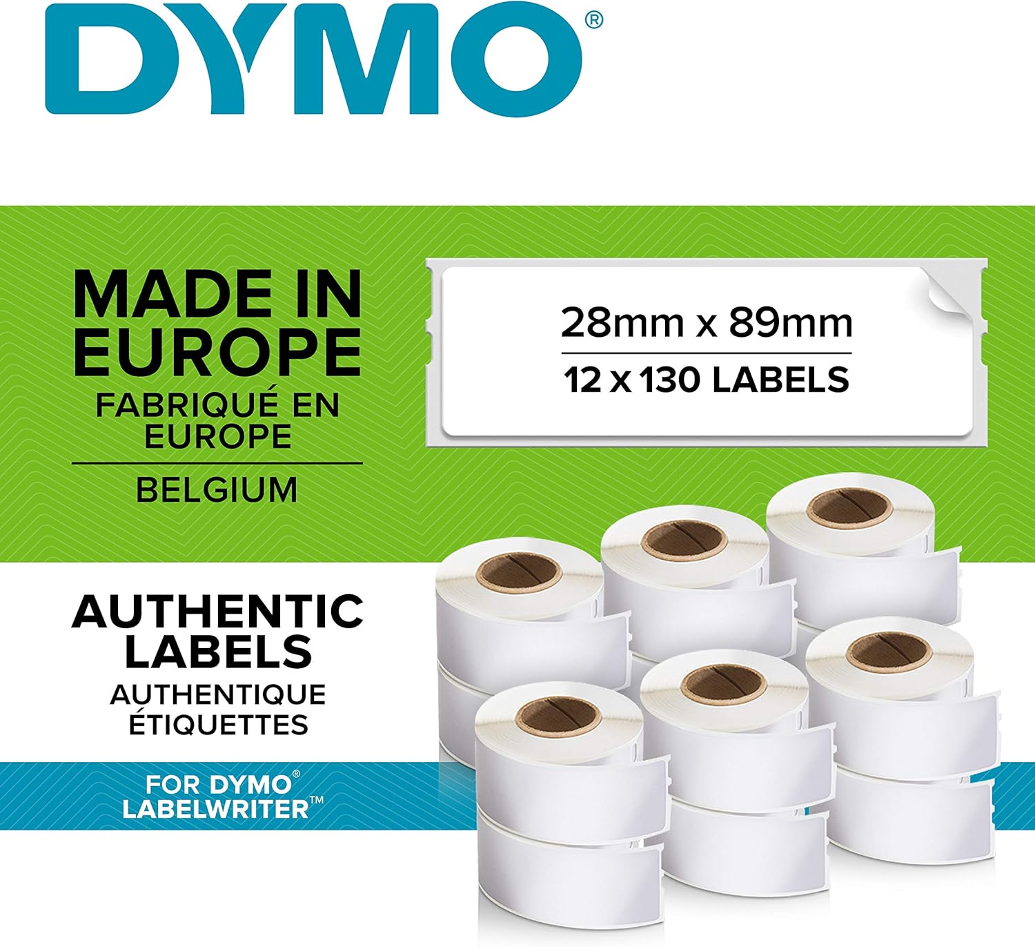 DYMO Authentic LabelWriter Address Labels, Black Print on White, 12 rouleaux - 28 x 89 mm