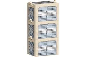 FHSQX Clothes Storage Bins with Metal Frame Large Foldable Storage Organizer Bin for Clothes 66L Linen Fabric Storage Box with Lid Clear Window (Beige, 19.7x15.7x12.6inch(66L))