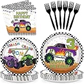 96 Pcs Monster Theme Truck 3rd Birthday Party Supplies Green Purple Truck Plates and Napkins Checkered Tableware Set Monster Birthday Decorations for 3rd Kids Boys Monster Themed Truck Party Serves 24