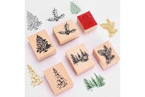 Whaline 10 Pcs Christmas Tree Wooden Rubber Stamps with Ink Pads Vintage Xmas Pine Tree DIY Craft Stamps for Winter Holiday Party Decor Scrapbooking Cards Making