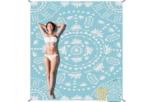 SKYNATURE Bohemian Beach Blanket Waterproof Sandproof, 78”x 86” Large Sand Free Beach Mat with 4 Stakes & Portable Bag, Big Flodable Compact Outdoor Pockets Picnic Blanket for Festival, Camping - Boho Turquoise