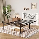 umiareboth 14 Inch Twin Size Bed Frame No Box Spring Needed,Heavy Duty Metal Platform with headboard and Footboard, Noise Free, Sturdy Steel Slat Support, Easy Assembly(Black and Rhombus)