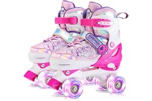 HYKID 4 Size Adjustable Roller Skates with Luminous Light Up Wheels,Safe for Girls Boys Kids Toddler, Trimmable Insole Included