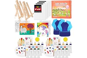 ACGASK 54 Pieces Acrylic Paint Set for Kids,Non Toxic Kids Painting Set,Arts Supplies and Painting Kits for Kids with 8 Canvas Panels,2X 12 Paints,2 Art Smocks,2 Table Easels Etc,Christmas Gifts