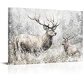 LevvArts Deer Canvas Wall Art Vintage Elk Painting Prints Rustic Farmhouse Kitchen Decor Wildlife Artwork Framed Ready to Hang (Large)
