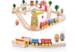 Crane Train Set- 60 Pcs Wooden Track & Exclusive Crane & Trains- Fits Thomas, Fits Brio, Fits Chuggington, Fits Melissa- Colo