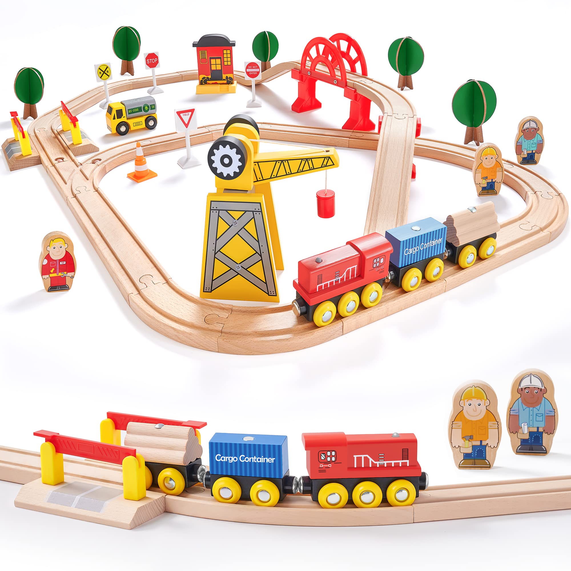 Tiny Land Train Set - 55PCS Wooden Tracks with Exclusive Crane & Trains, Railway Toy Kit for Kids 3+, Boys & Girls