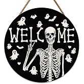 Halloween Decorations - Halloween Skeleton Welcome Sign for Front Door | Rustic Round Wooden Wreaths Hanging Door Sign Decor - Halloween Garland | Halloween Party Favors Supplies for Home Wall Decor