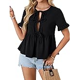 LYANER Women's Casual Tie Front Peplum Top Flounce Short Sleeve Ruffle Hem Babydoll Blouse
