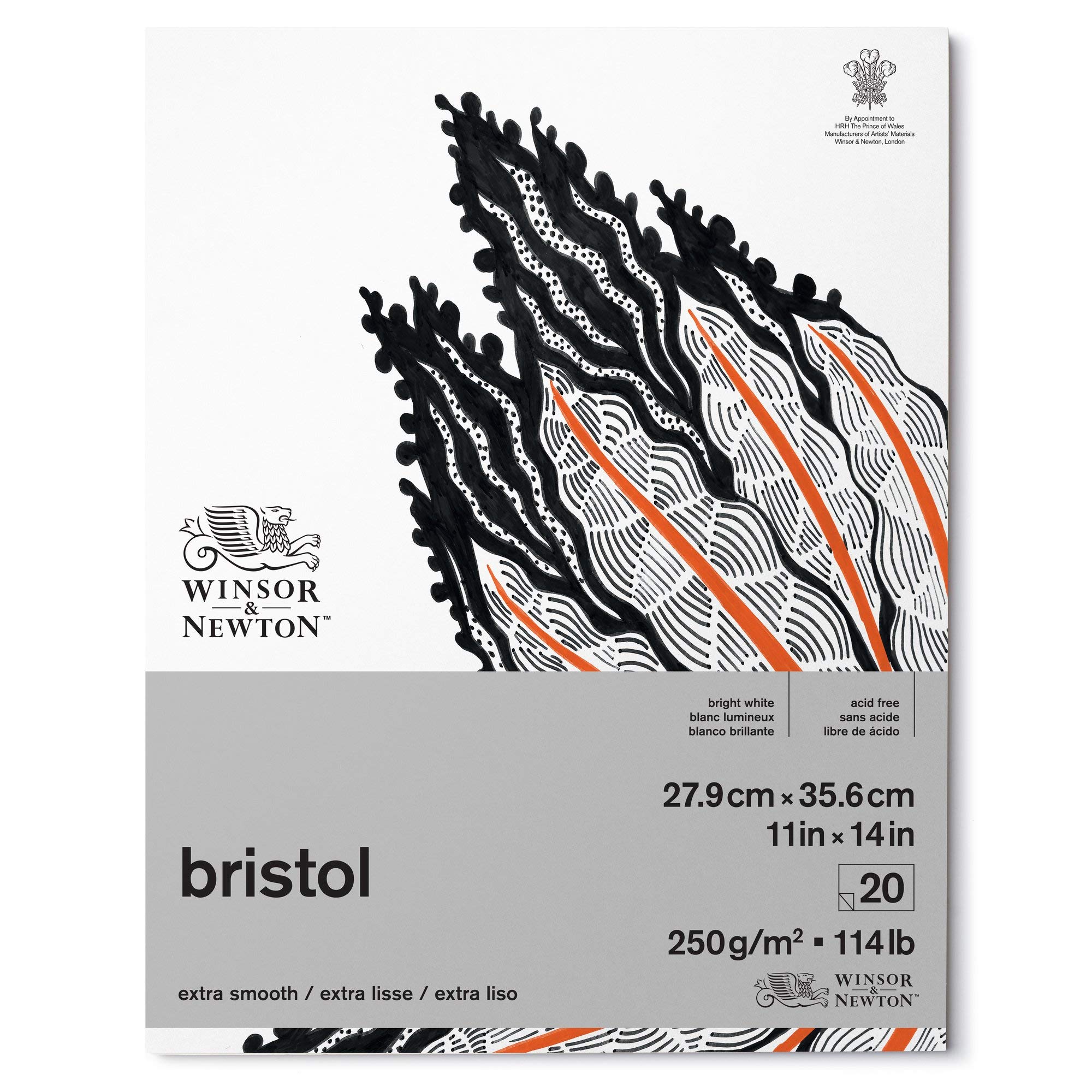 Winsor & Newton Bristol 6661549 Drawing Paper in Pad - 20 Sheets 27.9 x 35.6 cm, 250 g/m², Glued Top, Bright White Paper for Drawings with Technical Pens, Fineliners, Ink, Markers
