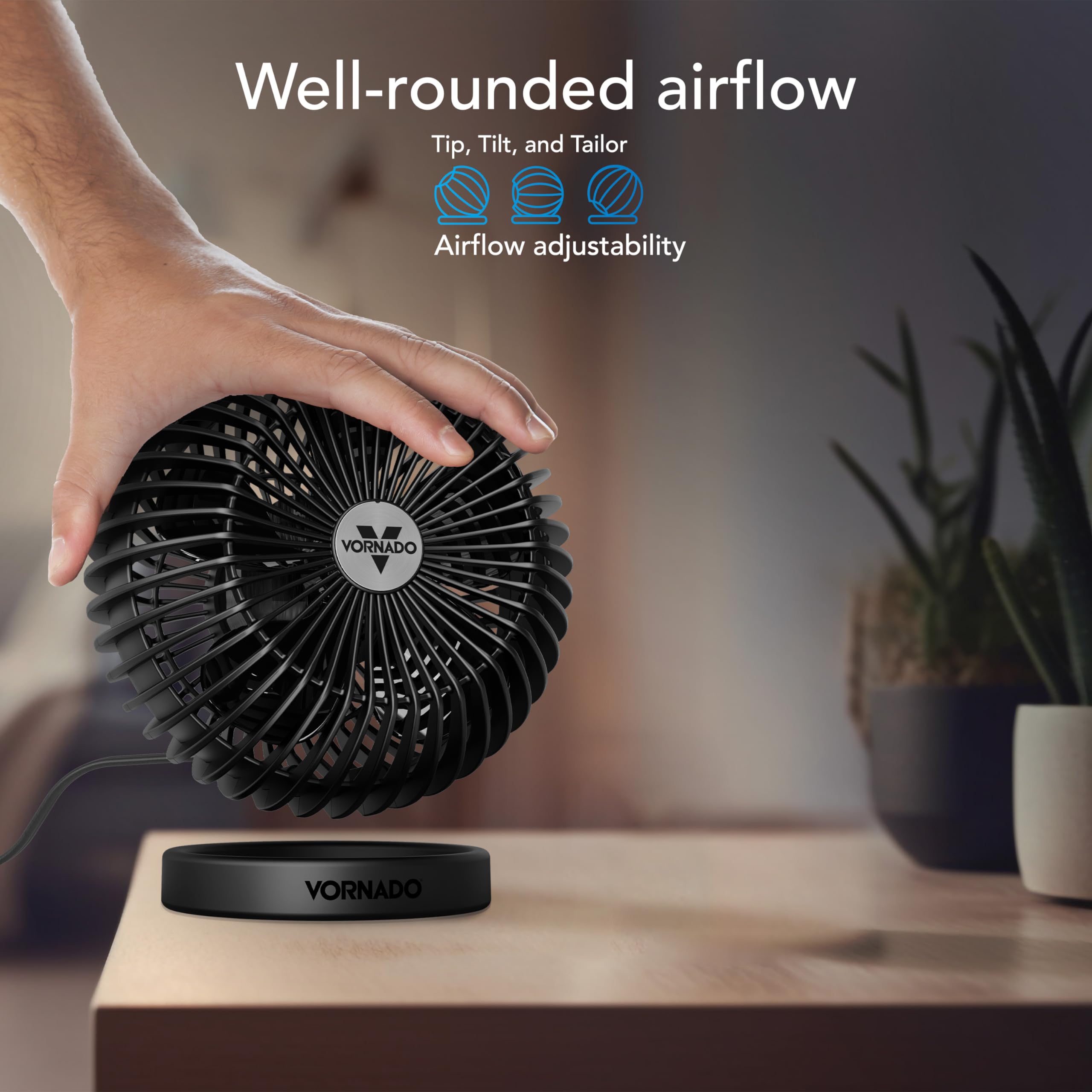 Vornado SPHERE Personal Adjustable Fan, Quiet Operation, Targeted Cooling Airflow, 2 Speed Settings, Manual Control, Detachable Base, Fan for Desktop, Nightstand, and Office, Black
