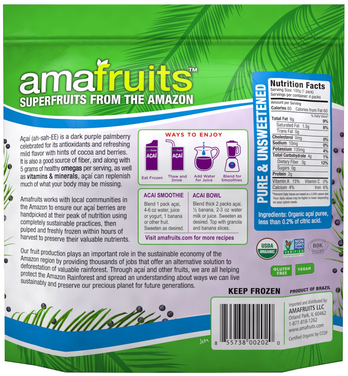 Amafruits Acai Berry Puree - Pure & Unsweetened - 24 x 3.5 oz. Packs
