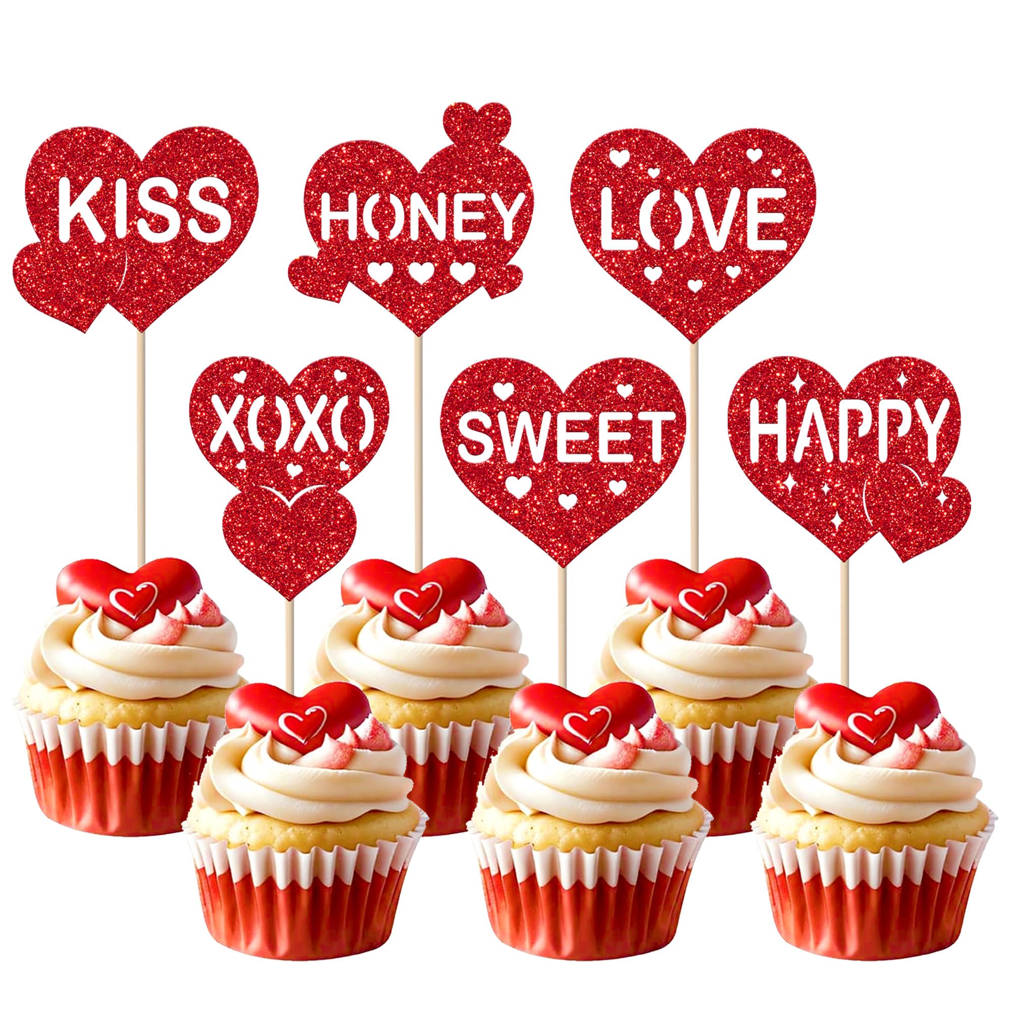 SYKYCTCY 24 Pack Happy Valentine's Day Cupcake Toppers Glitte Pink Love Honey Herat Kiss XoXo Cupcake Picks for Valentine's Day Anniversary Wedding Birthday Party Cake Decorations Supplies