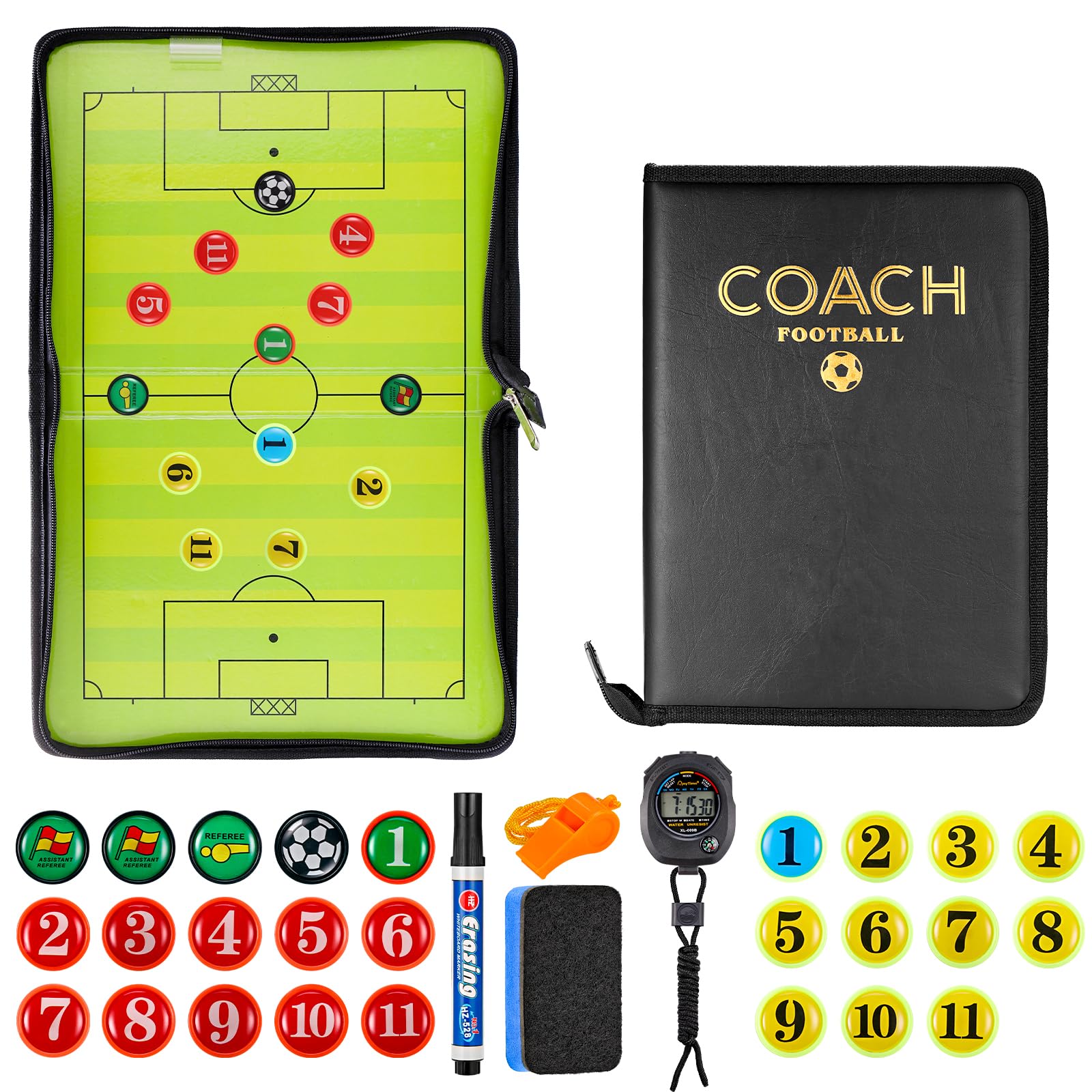 JIZZU Football Tactics Board,Portable Football Tactics Board Magnetic with Stopwatch Timer, Referee Whistles, Sponge, Board Marker,Double Foldable Football Training Board