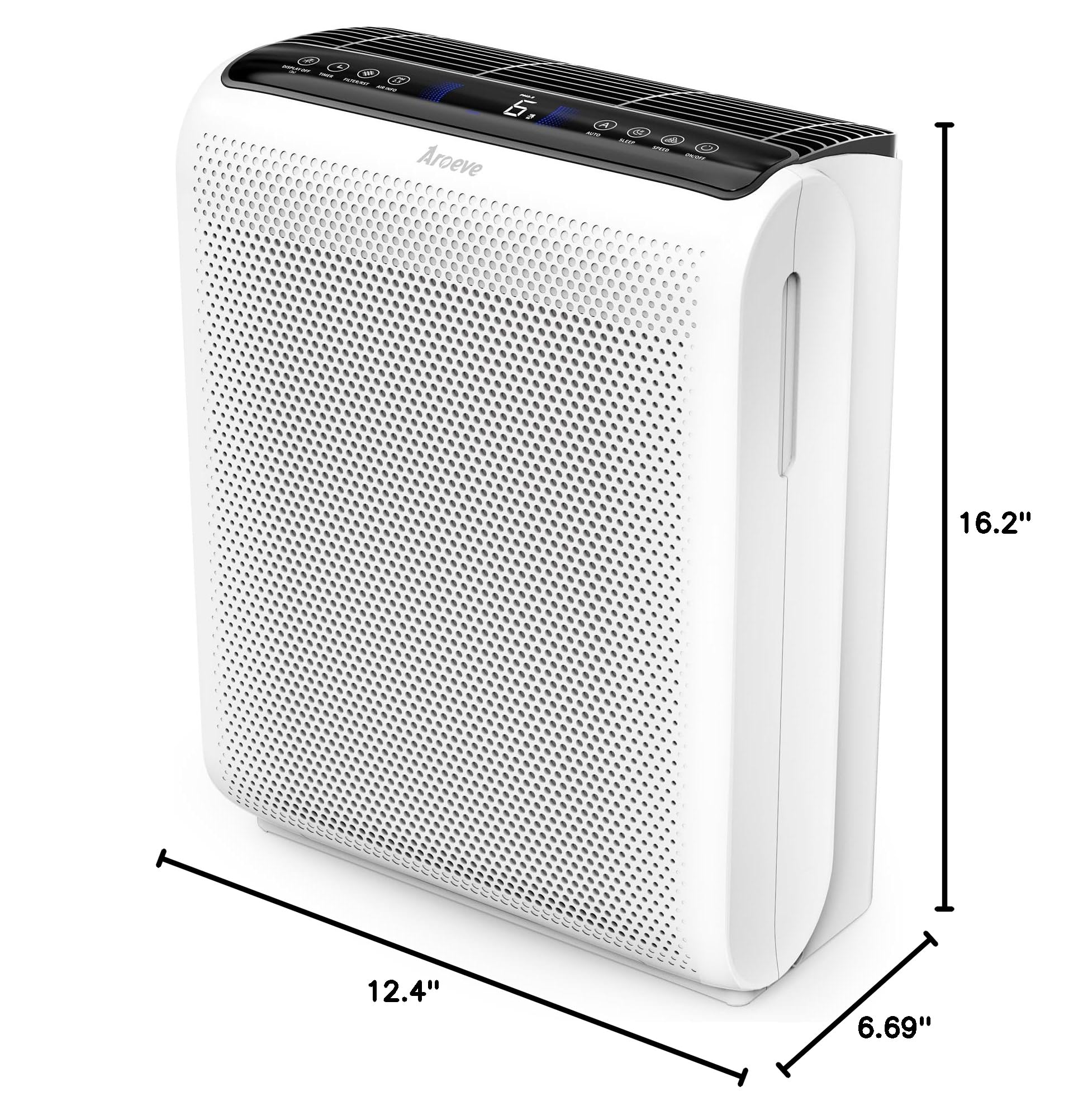 AROEVE Air Purifiers for Bedroom Home Large Room Up to 1504 Ft², 5 Layer Filter for Smoke Pollen Allergies Pet Dander Odor, Air Quality Monitor, Sleep Mode, Timer for Office, Dorm, Kitchen, MK07 White