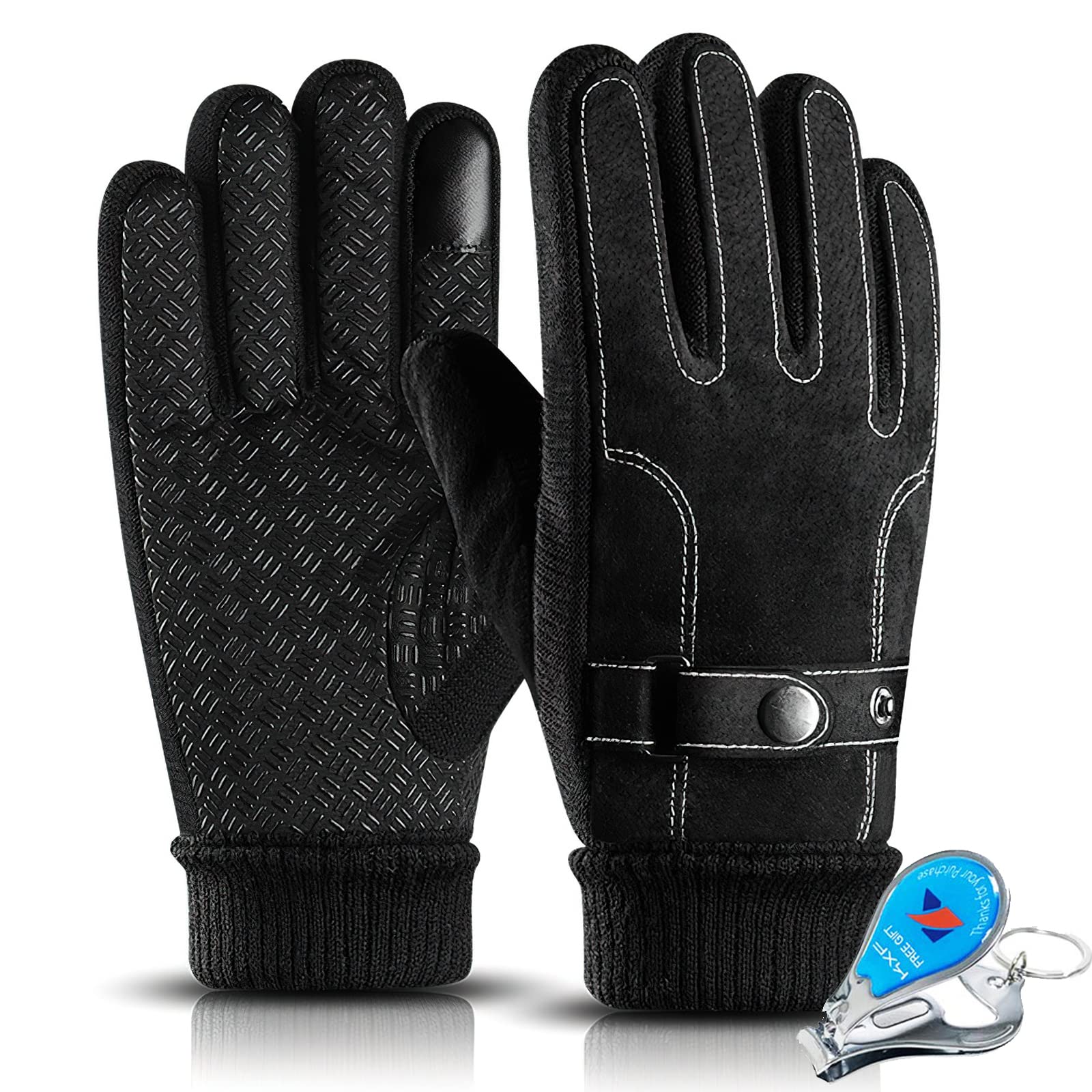 LassZone Mens Winter Gloves Thick Fleece Lined Leather Gloves Windproof Touchscreen Glove Cold-Resistant Thermal Mittens for Running Driving Cycling Hiking