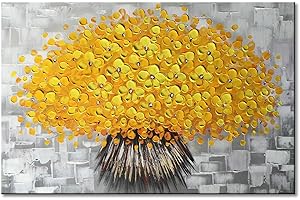 WINPEAK ART Handmade Yellow Flower Wall Art on Canvas One Piece Painting Gray Modern Abstract Artwork