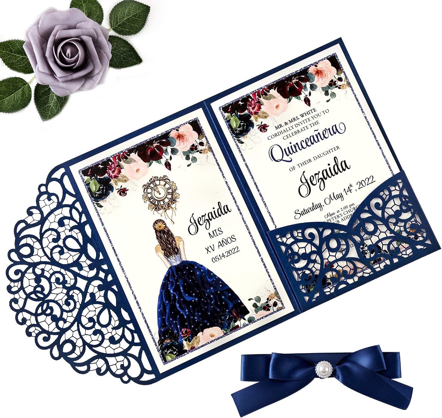 Doris Home 4.7 x7 inch 25PCS Blank Navy Blue Quinceanera Invitations Kit Laser Cut Hollow Rose Pocket Quinceanera Invitation Cards with Envelopes for Quincenera Birthday quinceanera Invite