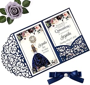 Doris Home 4.7 x7 inch 25PCS Blank Navy Blue Quinceanera Invitations Kit Laser Cut Hollow Rose Pocket Quinceanera Invitation Cards with Envelopes for Quincenera Birthday quinceanera Invite