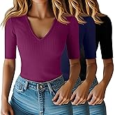 Riyiper 3 Pack Women's Half Sleeve Top Elbow Length Ribbed Cotton T Shirt Women V Neck Summer Tee Slim Fit Casual Blouses