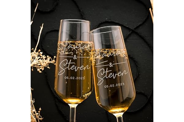Personalized Wedding Champagne Flutes for Bride and Groom - Set of 2, 7 oz, 2 Designs - Champagne Glasses for Engagement with Your Names and Date - D1