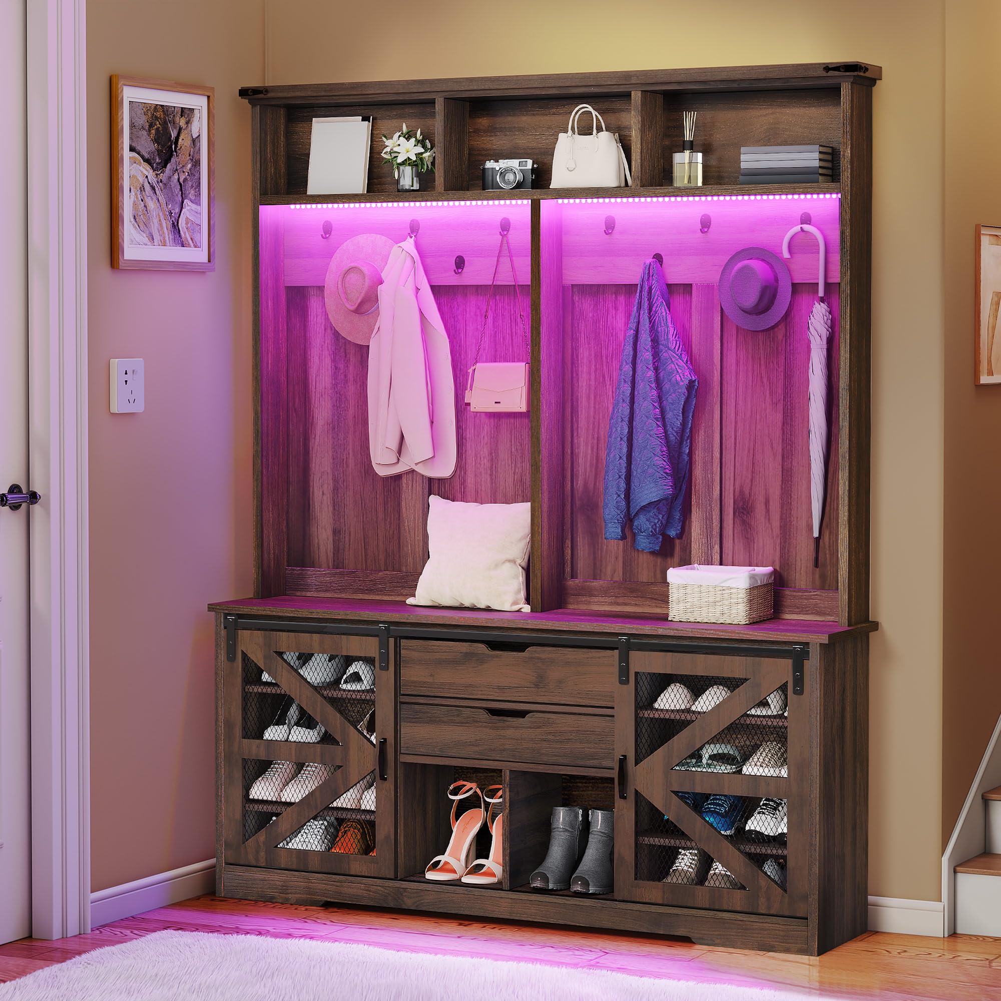 Photo 1 of YITAHOME Hall Tree with Bench and Shoe Storage, Hallway Tree with Adjustable RGB LED Light, Sliding Barn Doors and 10 Hooks, Coat Rack for Front Door Entrance Entryway Mudroom Bedroom, Rustic Brown