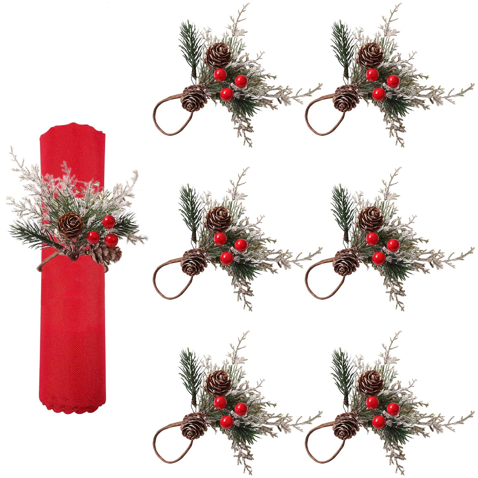 Christmas Napkin Rings,6PCS Snowy Pine Cones Red Berry Napkin Rings,Napkin Holders Rings for Xmas Anniversary Dinners Wedding Party Banquet Table Decoration