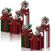 Soaoo 6 Pcs Christmas Table Decoration Wooden Gifts Box Christmas Table Centerpiece with Buffalo Plaid Bowknot Faux Present Wooden Blocks Rustic Tiered Tray Decor for Xmas Party(Red, Green, White)
