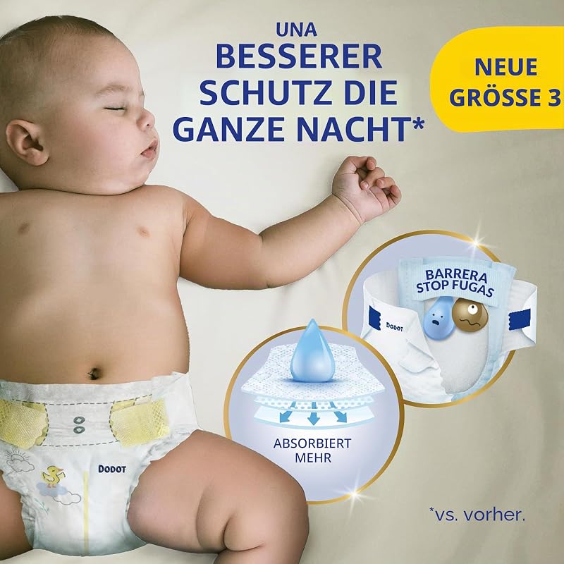 Sensitive Babywindeln, Größe 3 (6-10 kg), 224 Windeln + 40 Feuchttücher (4 x 10), aquafarben, kunststofffrei, optimaler Hautschutz Dodot , Pack Mensual