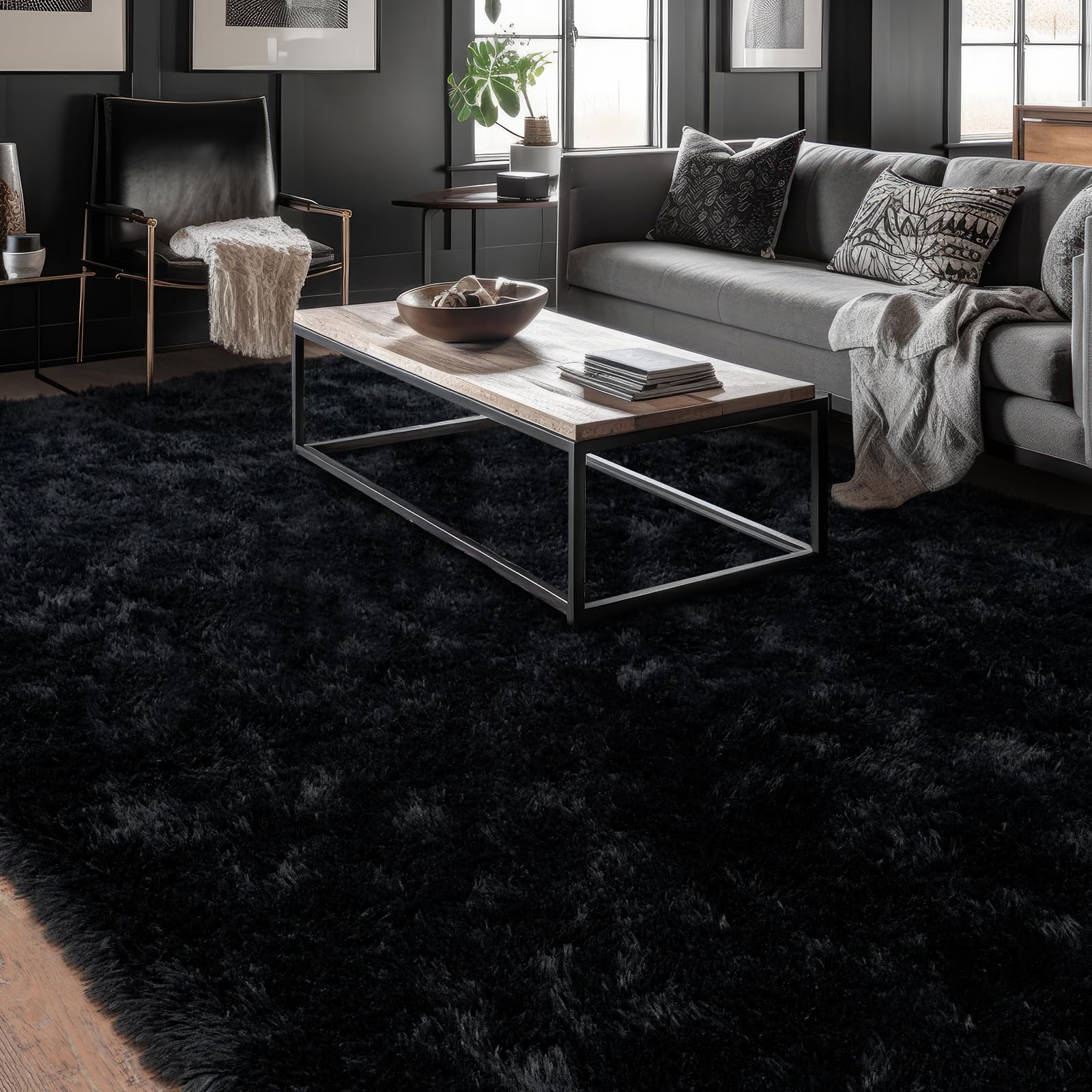 Photo 1 of **DIRTY**Dssimo Super Fluffy 8x10 Rugs for Living Room, Modern Shag Black Area Rugs, Soft and Cozy Plush Large Under Bed Carpet for Kids, Girls Boys and Teens Decorations for Bedroom Dorm Nursery Classroom
