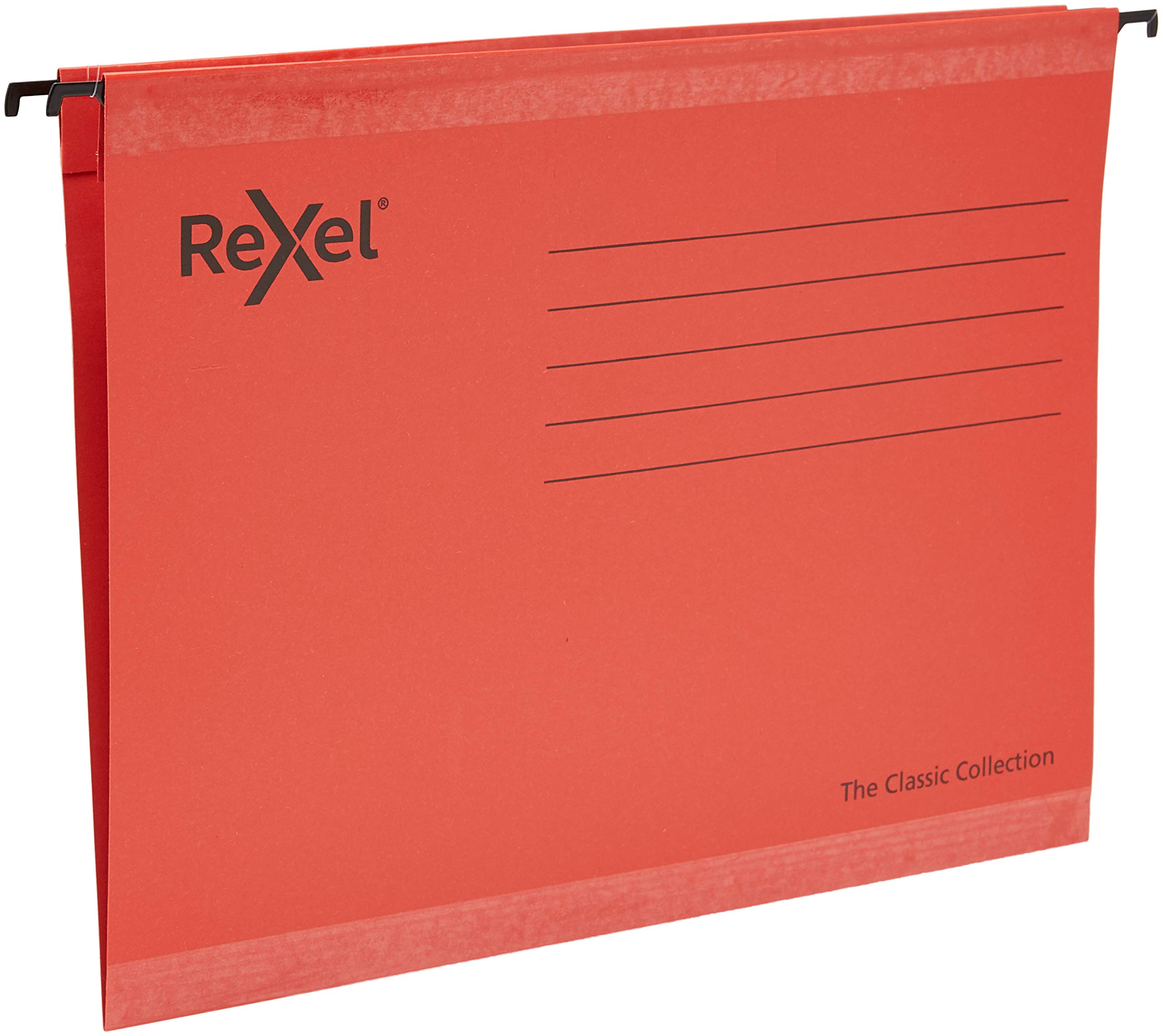 Rexel Classic A4 Reinforced Suspension Files for Filing Cabinets, 15 mm V base, 100 Percent Recycled Card, Red, Pack of 25, 2115589