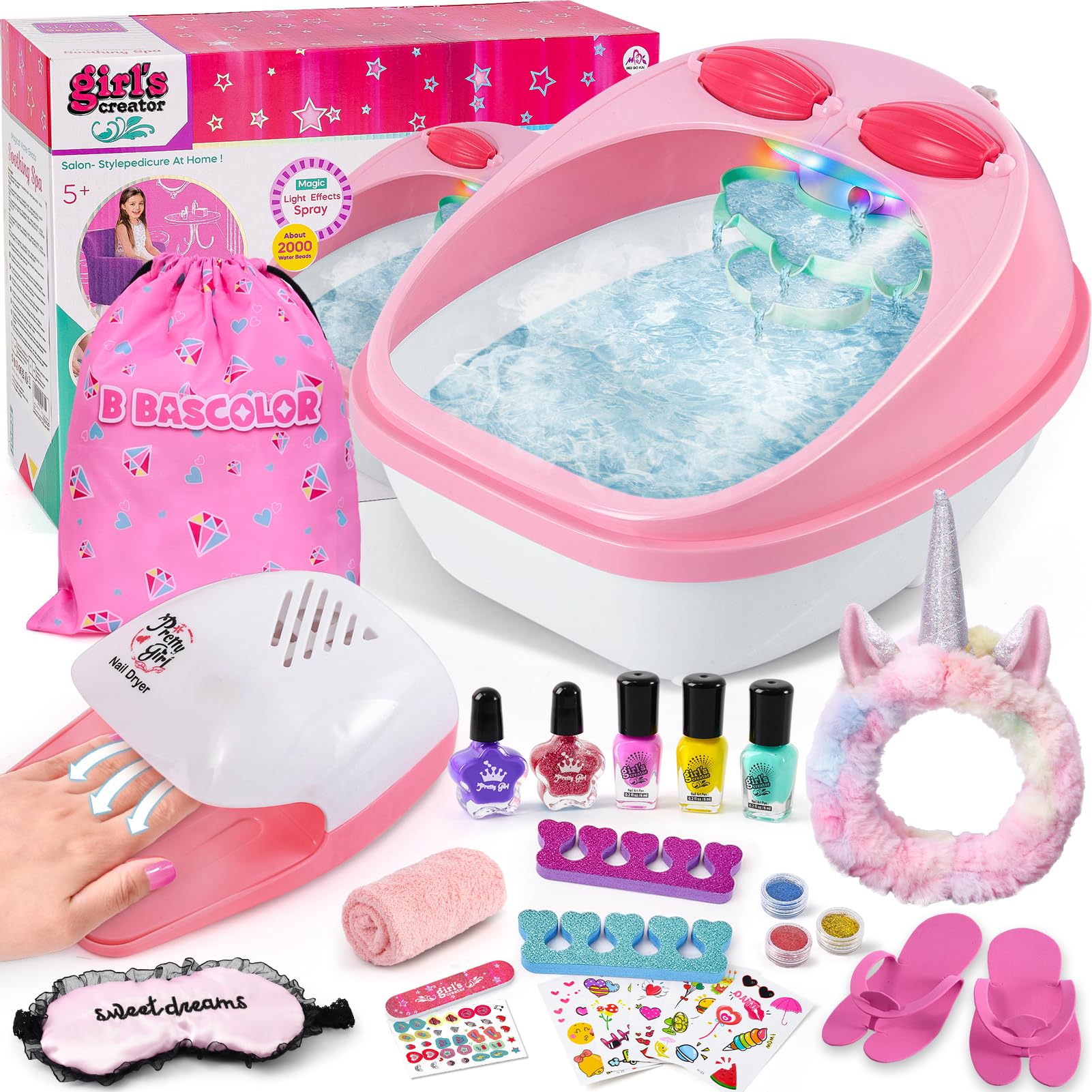 Kids Foot Spa & Nail Kit Set, Kids Spa Day Kit for Girls, Massage Foot Soak Tub and Nail Dryer, Manicure Pedicure Art Salon Girl Gift for 5-12, Christmas Birthday Gifts