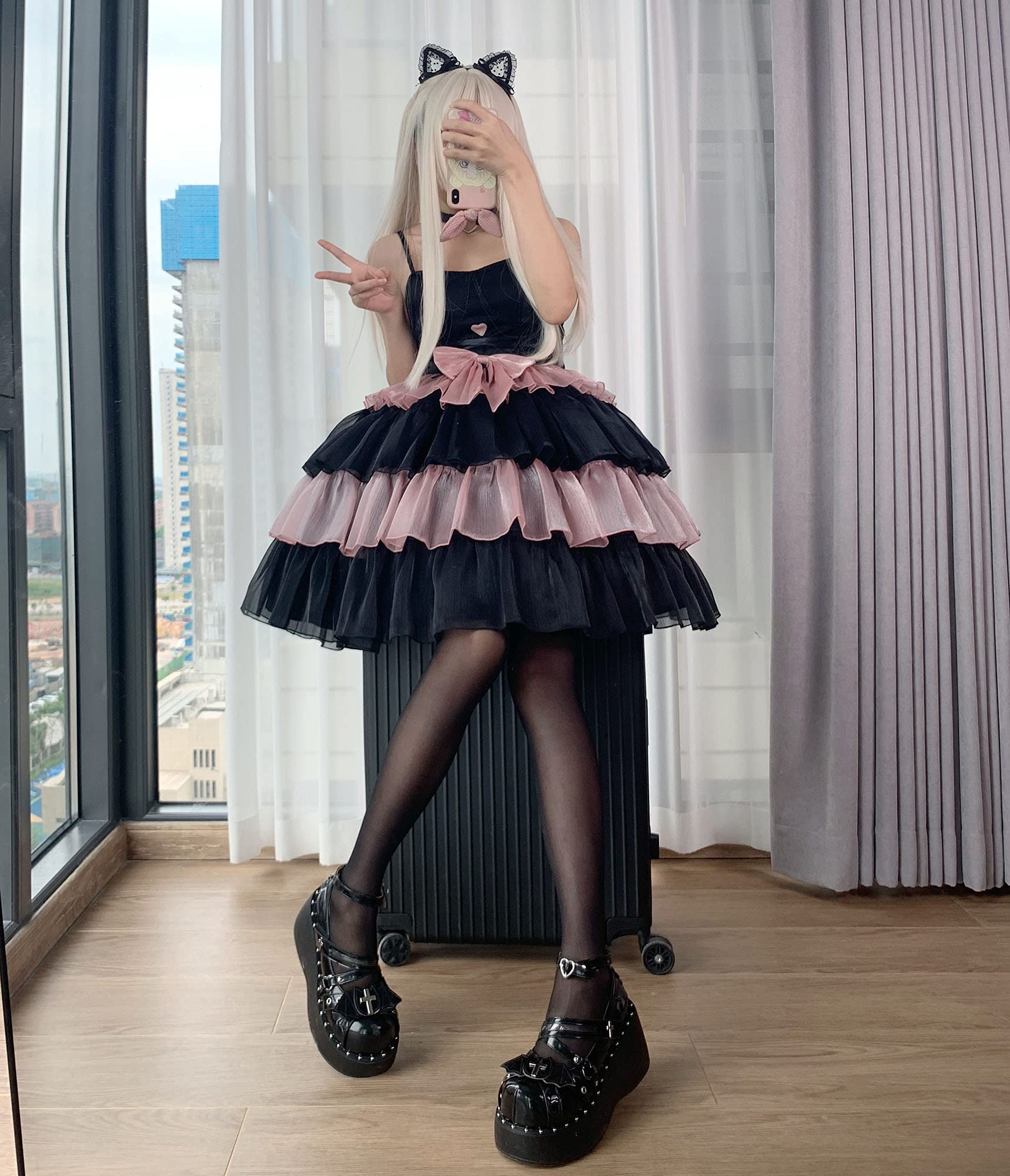 ZZEQYG Womens Lolita Dress for Girl Gothic pink puff sleeve dress with Bow