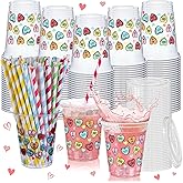 Umigy 100 Pack 12 oz Valentine's Day Plastic Cups with Lids and Straws Clear Disposable Cups Heart Cold Beverage Drinking Juice Water Coffee Valentine Party Wedding Dating Supplies(Colorful Heart)