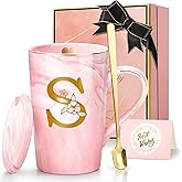 Lepiche Personalized Marble Ceramic Mug Gifts for Women, 14 Oz Pink Initial Customized Gift Coffee Mug with Lid, Birthday Christmas Mother's Day Gifts for Her Wife Mom Grandma Friend Sister Unique,S