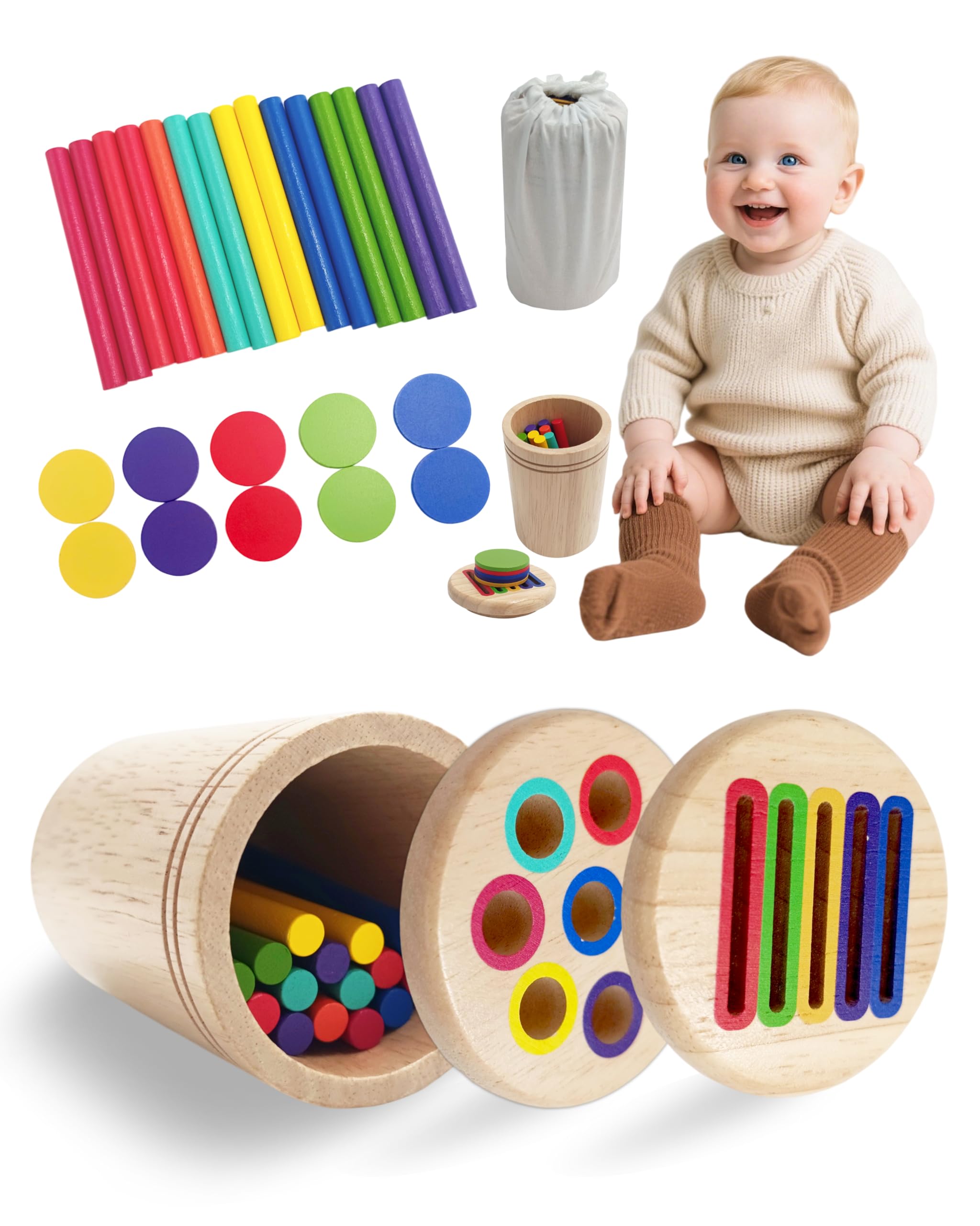 PLAYFULBAY Montessori Toys for Toddlers 1 2 3 Year Old Educational Wooden Color Sorting Set to Improve Sensory Recognition and Cognitive Development, Idea for Babies
