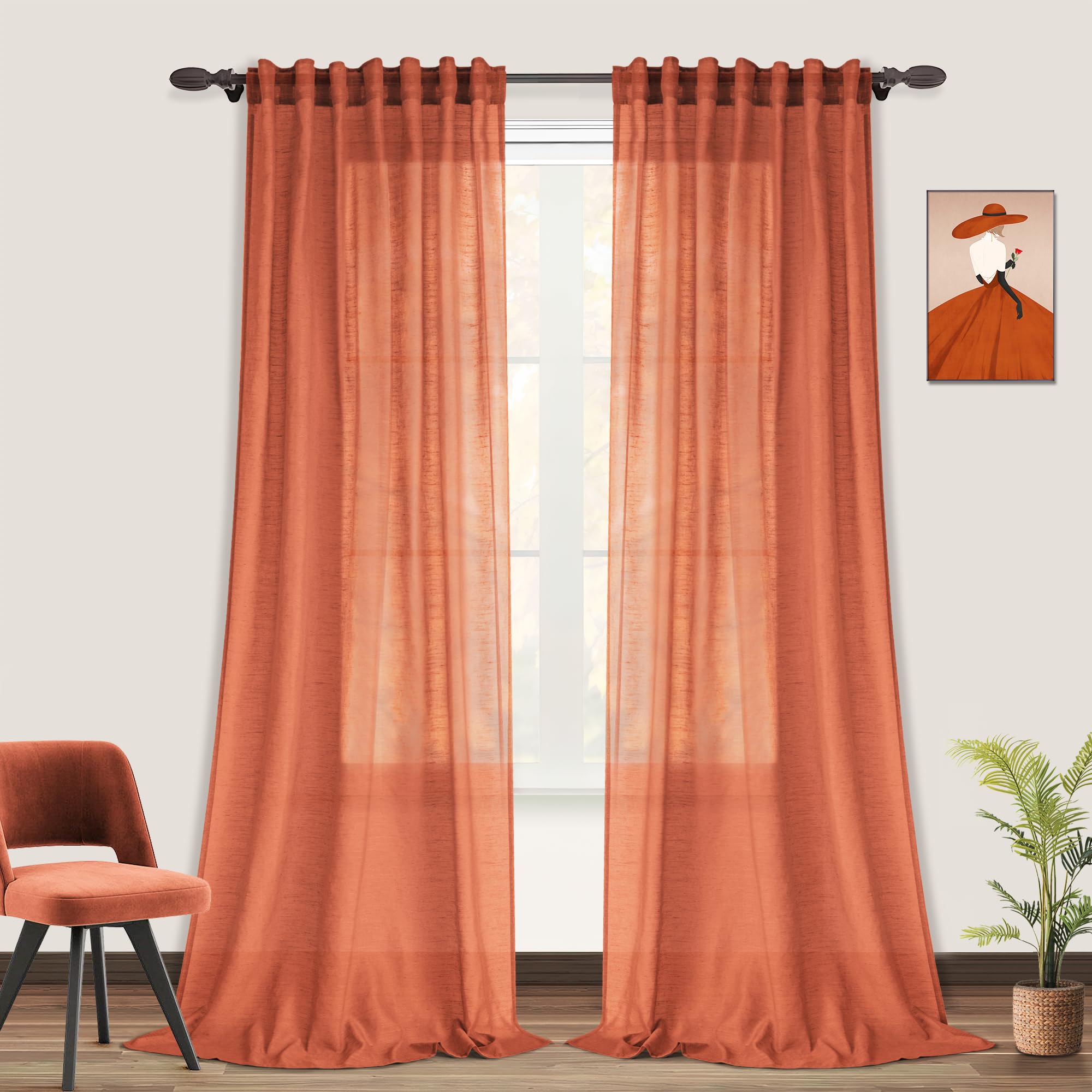 Photo 1 of Terracotta Sheer Curtains 84 Inches Long - Boho Curtain for Bedroom Bohemian Semi Sheer Curtain Burnt Orange Burlap Light Flitering Rod Pocket Linen Curtain, Fall Autumn Decor for Living Room