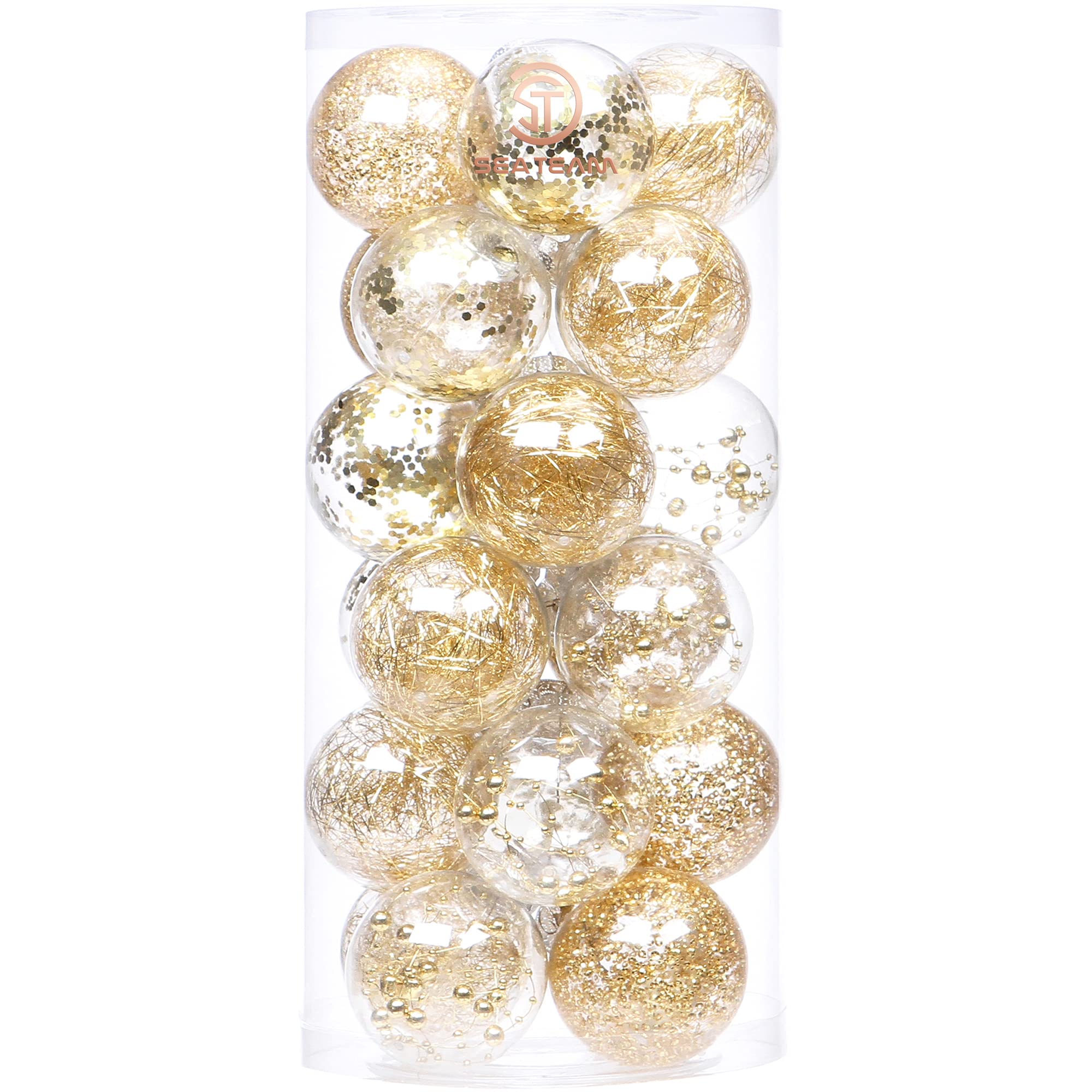 Sea Team 70mm/2.76" Shatterproof Clear Plastic Christmas Ball Ornaments Decorative Xmas Balls Baubles Set with Stuffed Delicate Decorations (24 Counts, Gold)