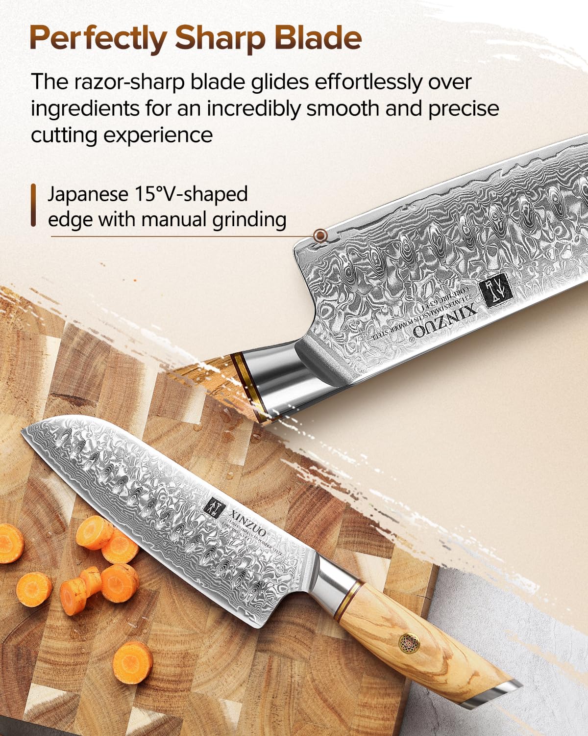 XINZUO Damaststahl 18.2cm Santokumesser, scharf Kochmesser 73 Schichten Damastpulverstahl profi Küchenmesser Chefmesser-mit ergonomischer Olivenholz Griff -Lan Series 4