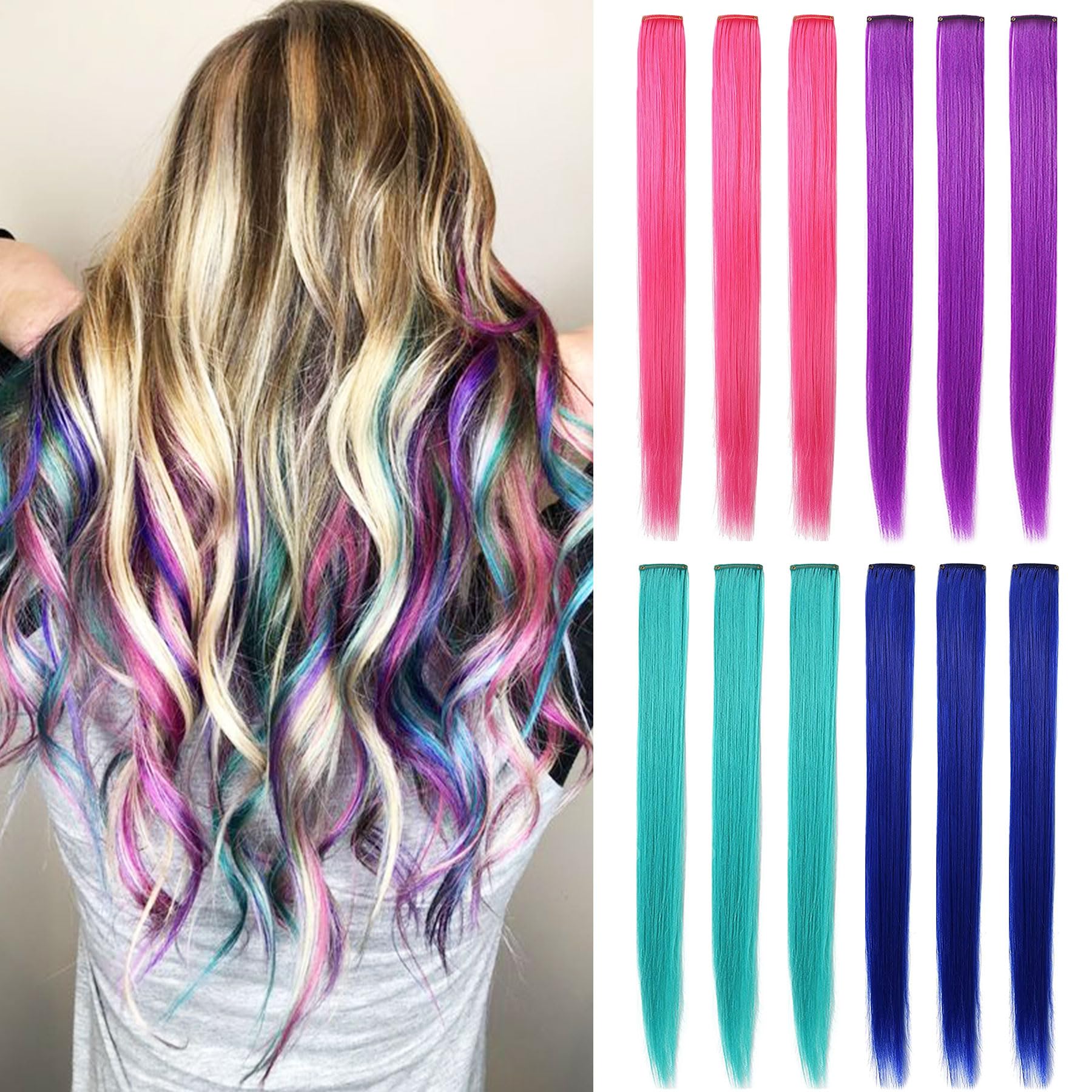FAIRY COLOR 16PCS Princess Colored Extensions Multi-Colors Party Highlights Streak Synthetic Hairpieces Clip-In/Clip On Colored Hair Extensions (blue purple teal pink), 100.0 gram โ image 1