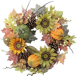 Corona Artificial De Otoño Con Girasoles Y Calabazas 56 Cm | Meses Sin