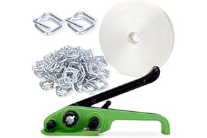 DJSUNPACKING Banding Strapping Kit Pallet Packaging Strapping Tool Set,Upgraded Strapping Tensioner，3/4" x 330' Heavy Duty Woven Cord (2500 LBS Break Strength), 100 Metal Wire Buckles