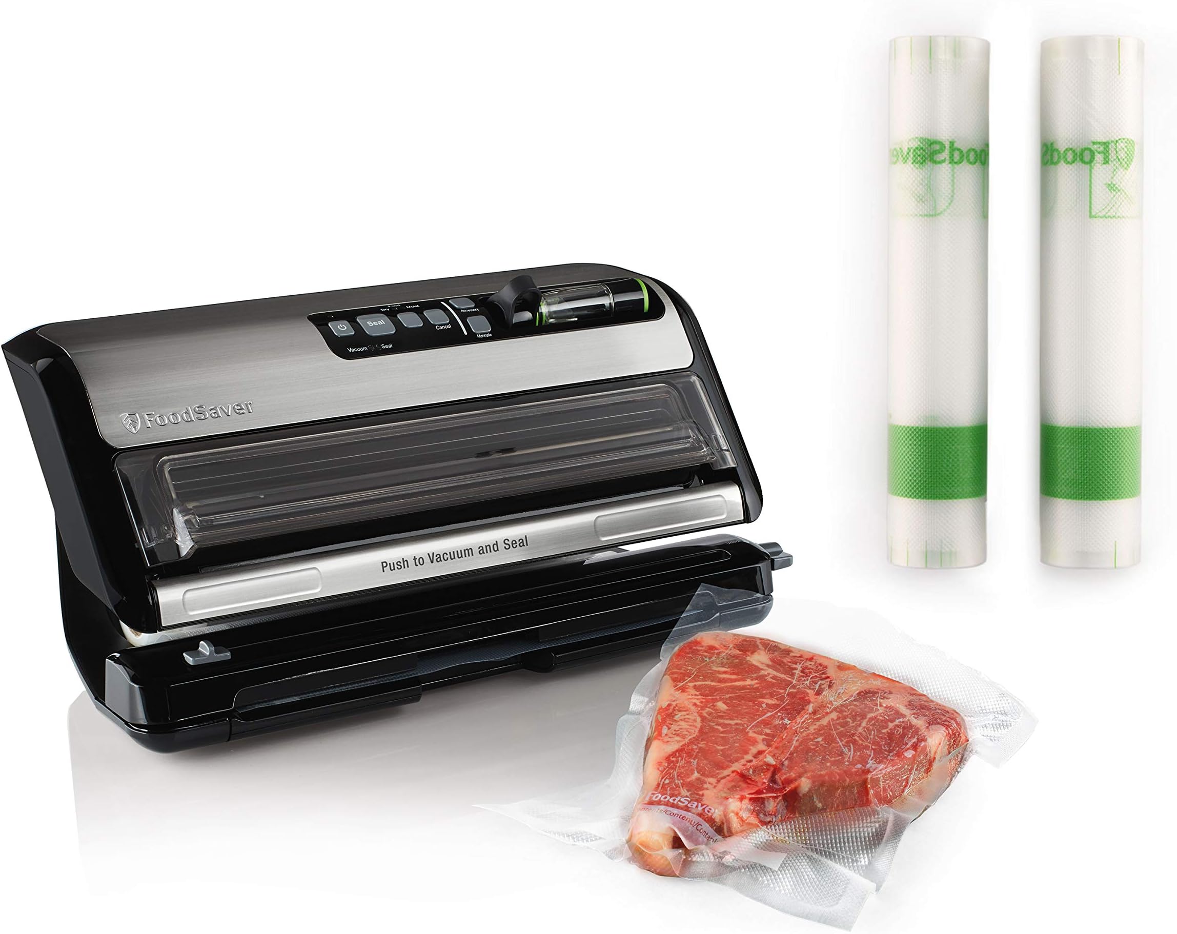 FoodSaver FM24350ECR Vacuum Sealer System with Handheld Sealer and Starter Kit & FoodSaver 11" x 14' Easy Seal & Peel Vacuum Seal Rolls, 2 Pack