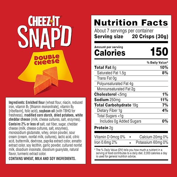 CHEEZ-IT SNAP’D CHEESE CRACKER CHIPS, THIN CRISPS, LUNCH SNACKS, DOUBLE CHEESE, 45OZ CASE (6 BAGS)