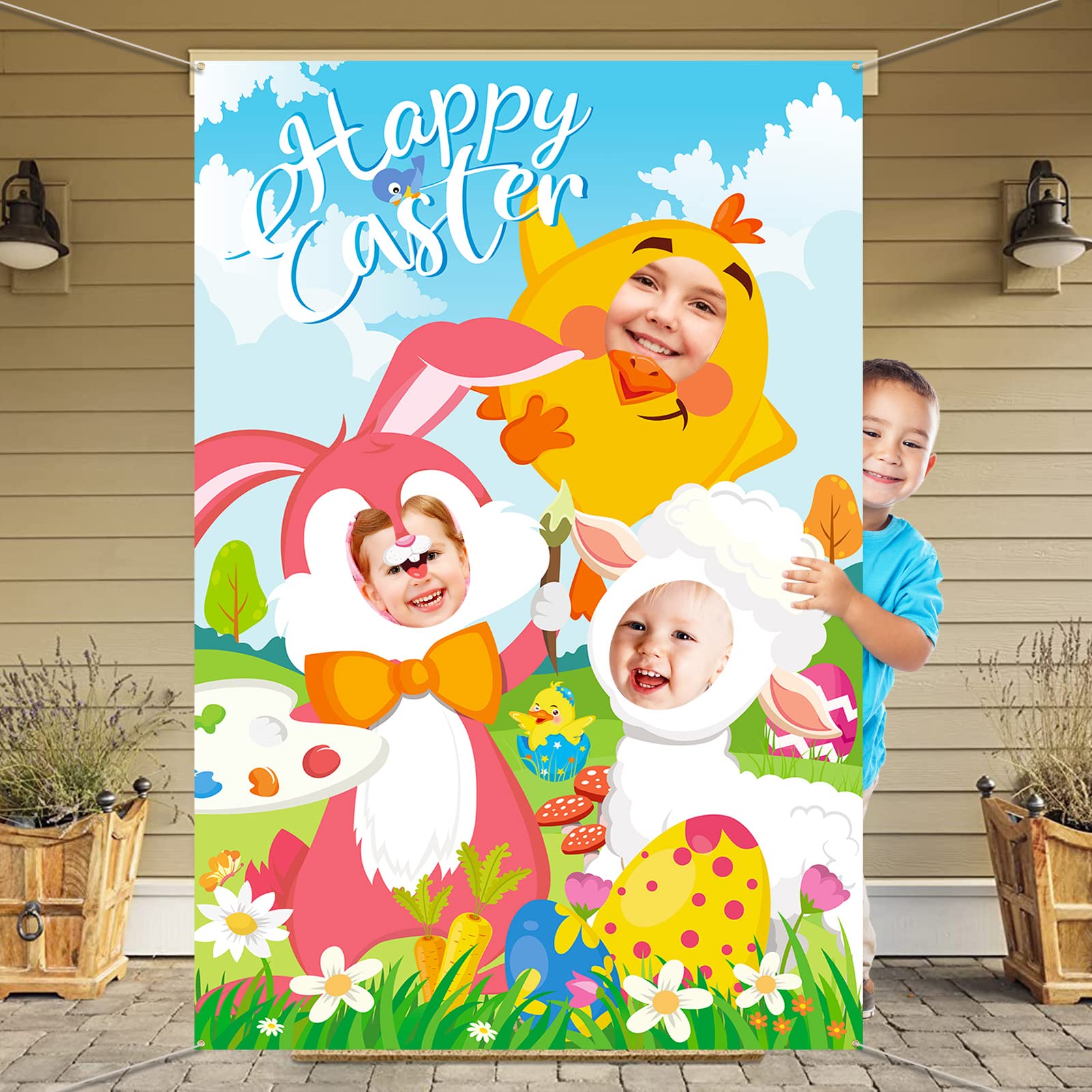 DPKOW Funny Easter Photo Prop Banner, Bunny Face in Hole Game for Easter Activities Game Supplies for Kids Adult, EASTER Decorations Backdrop, 150 * 100cm